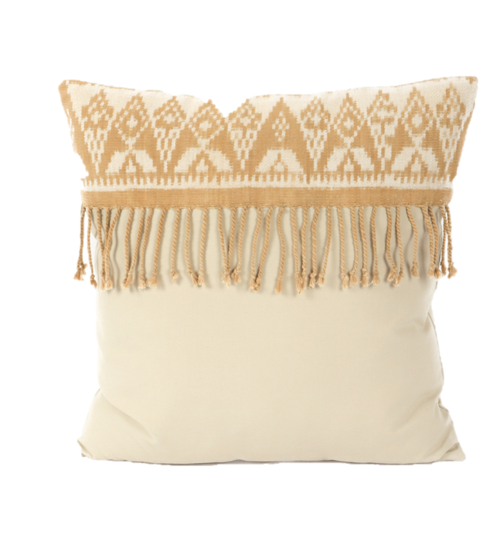Ikat cushion in cream with woven fringe