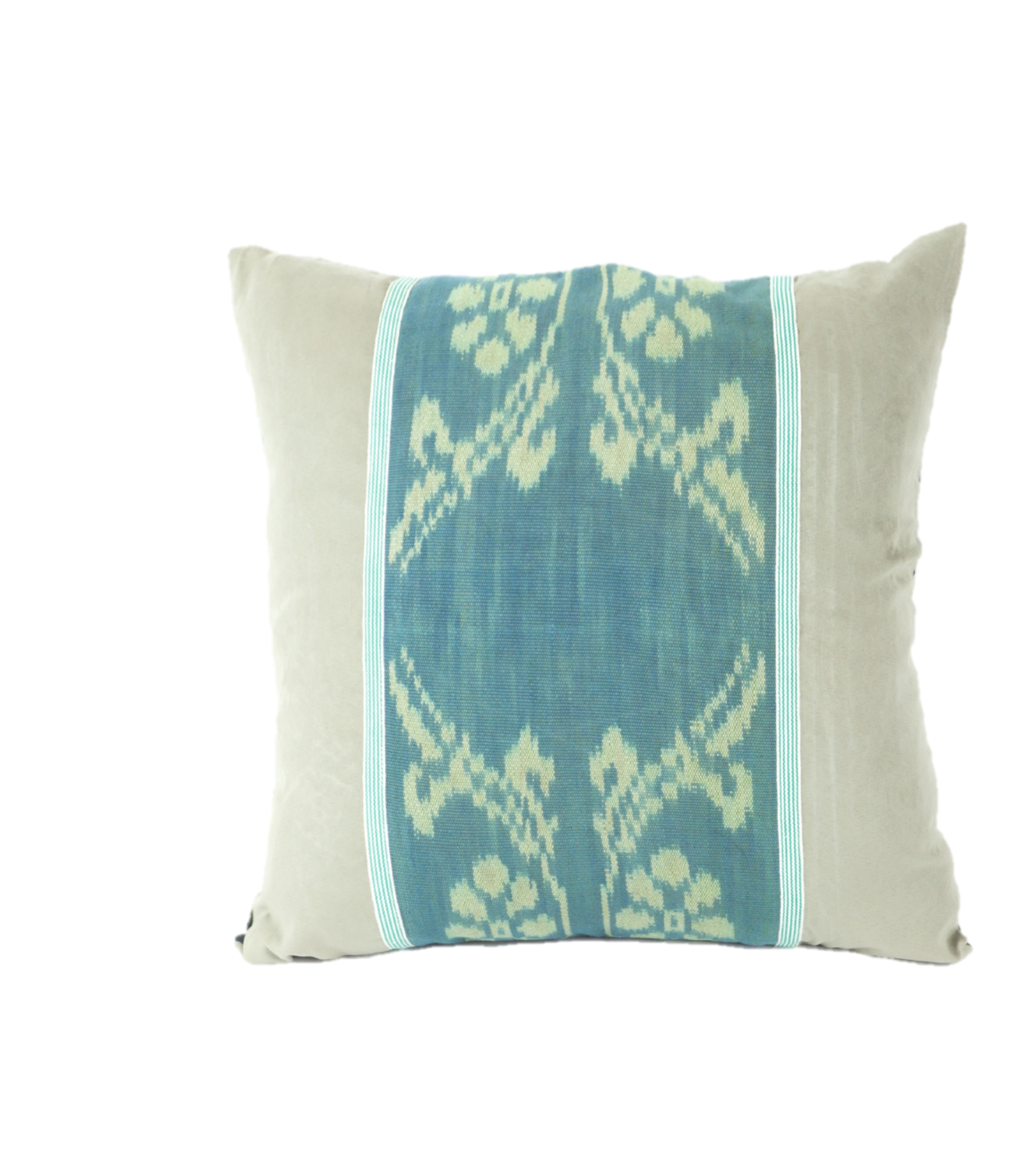 Ikat cushion with pale blue centre band
