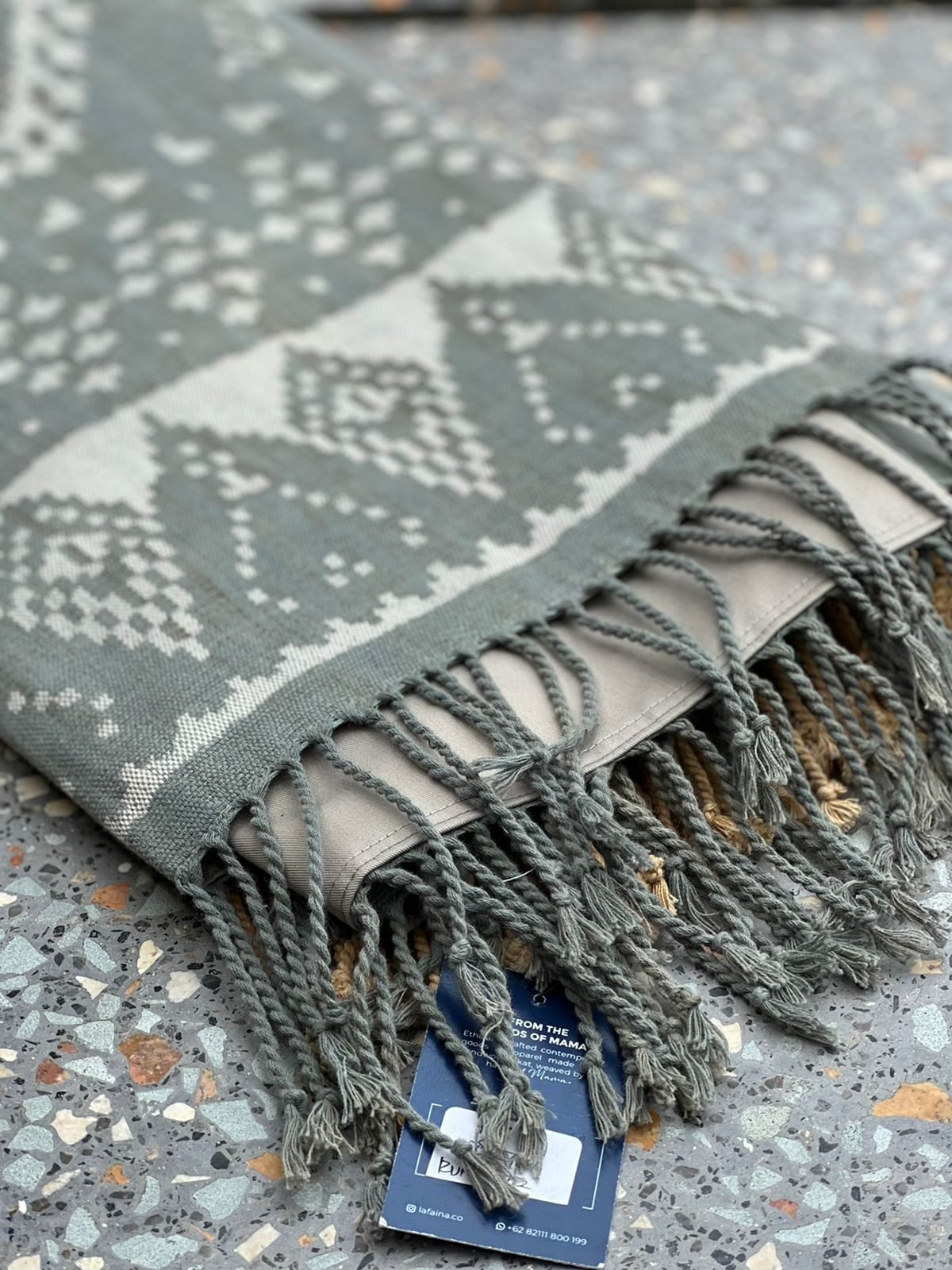 Handwoven grey ikat shawl with fringe